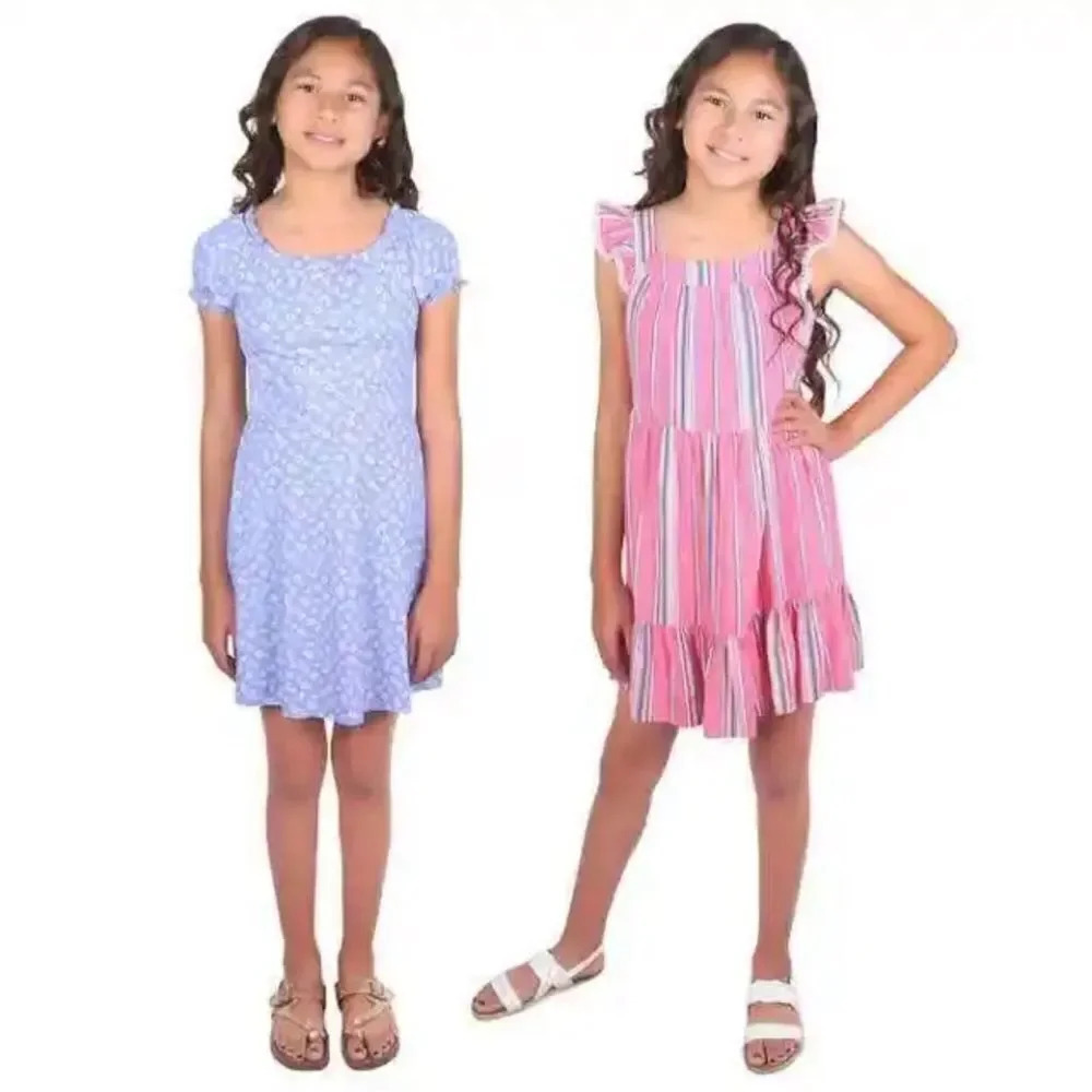 #20 Zunie Youth 2-pack Dress, Pink Striped Blue Floral Large 14/16